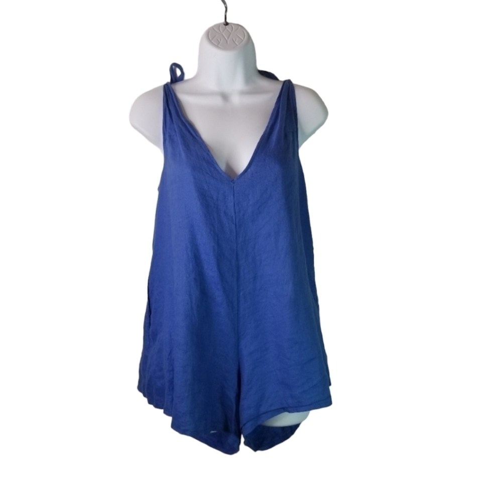 LJC Designs blue linen loose shorts romper